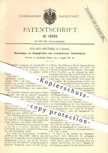 original Patent - Eduard Beuther in Kassel , 1880 , Dampfpfeifen mit veränderlicher Schallstärke , Eisenbahn , Pfeifen