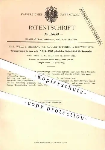 original Patent - E. Welz / Breslau , August Rittner / Schweidnitz , 1881 , Läuterbottich für Brauerei , Bier , Filtern