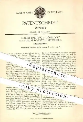 original Patent - Aug. Bartling / Düsseldorf , Aug. Eckertz / Altenessen , 1893 , Schrank für Fahrkarten , Schränke !!