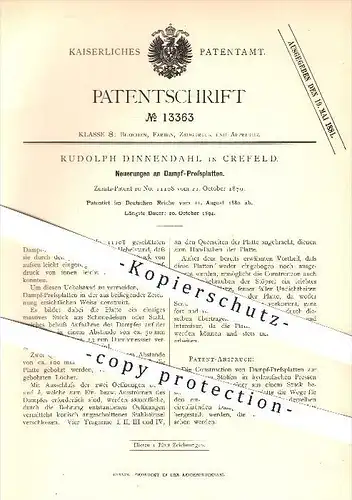 original Patent - Rudolph Dinnendahl in Krefeld , 1880 , Dampf - Pressplatten , Pressen , Appretur von Stoffen !!!