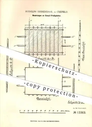 original Patent - Rudolph Dinnendahl in Krefeld , 1880 , Dampf - Pressplatten , Pressen , Appretur von Stoffen !!!