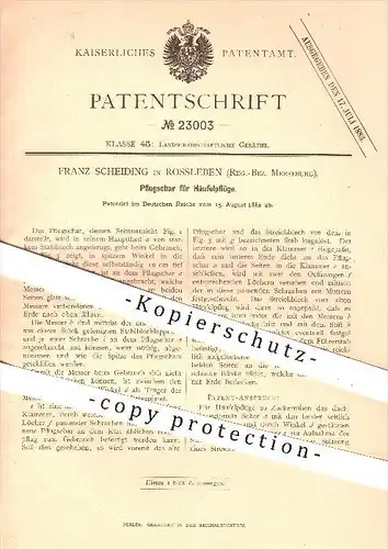 original Patent - F. Scheiding , Rossleben , 1882 , Pflugschar für Häufelpflug , Pflug , Pflüge , Landwirtschaft !!