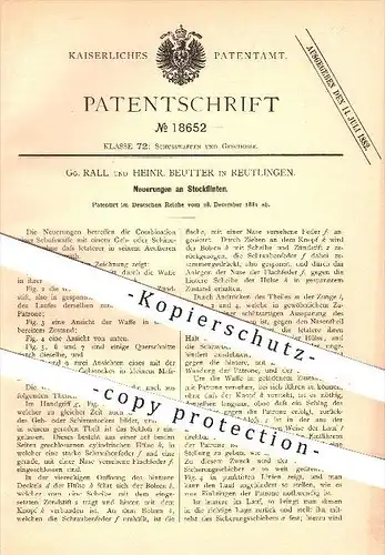original Patent - Gg. Rall , H. Beutter , Reutlingen , 1881 , Stockflinte , Flinte , Flinten , Gewehr , Gewehre , Waffen