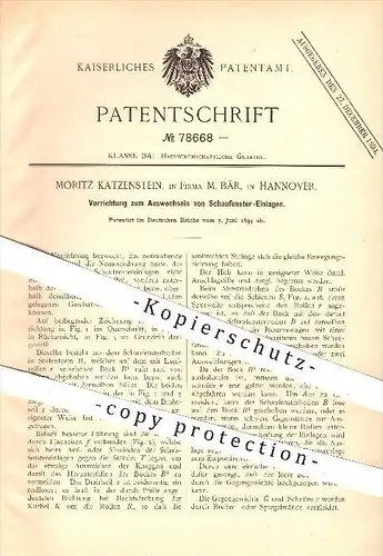 original Patent - Moritz Katzenstein , M. Bär in Hannover , 1894 , Auswechseln von Schaufenster - Einlagen , Dekorateur