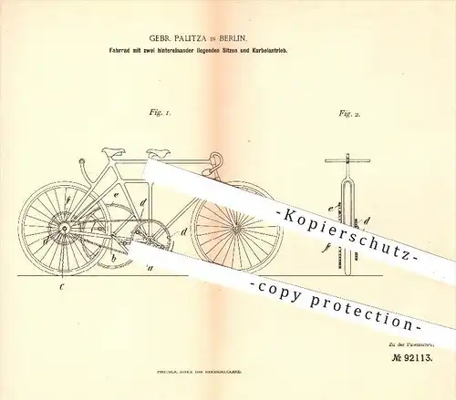 original Patent - Gebr. Palitzka , Berlin , 1896 , Fahrrad mit 2 hinereinander liegenden Sitzen , Kurbelantrieb , Tandem