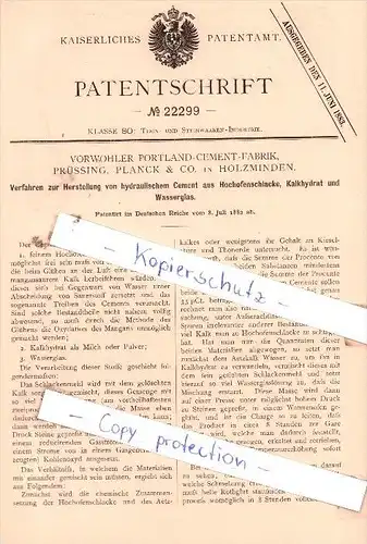Original Patent  - Vorwohler Portland-Cement-Fabrik, Prüssing , Planck & Co. in Holzminden , 1882  !!!