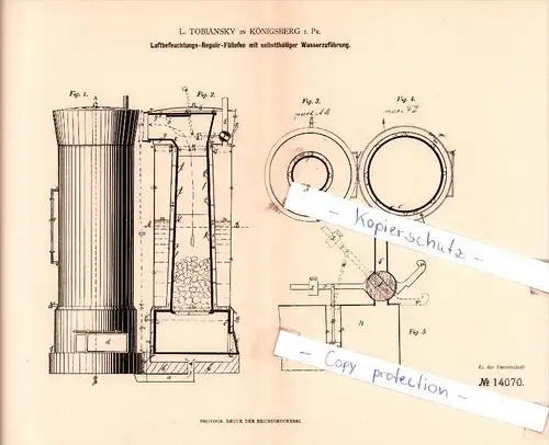 Original Patent  -  L. Tobiansky in Königsberg i. Pr. , 1880 , Heizungsanlagen !!!