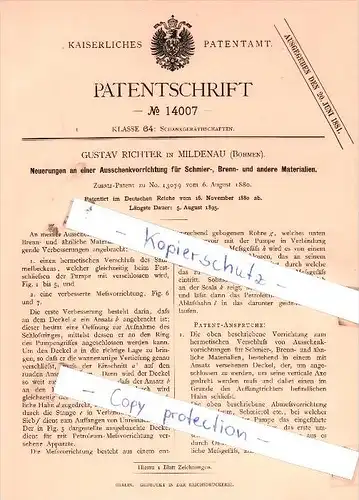 Original Patent  - Gustav Richter in Mildenau , Böhmen , 1880 , Schankgeräthschaften !!!