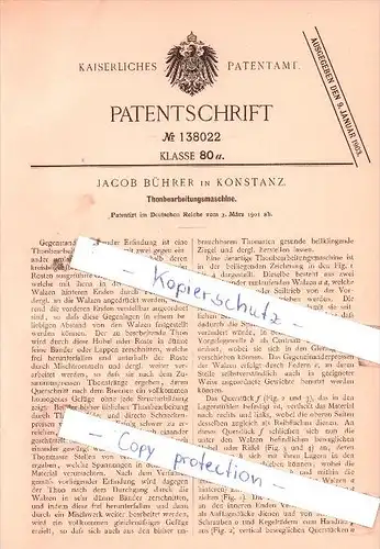 Original Patent  -  Jacob Bührer in Konstanz , 1901 , Thonbearbeitungsmaschine !!!