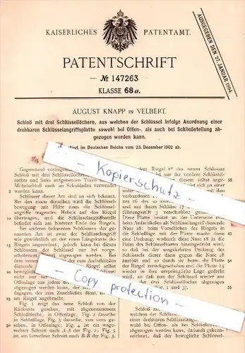 Original Patent  - August Knapp in Velbert , 1902 , Schloß mit drei Schlüssellöchern !!!