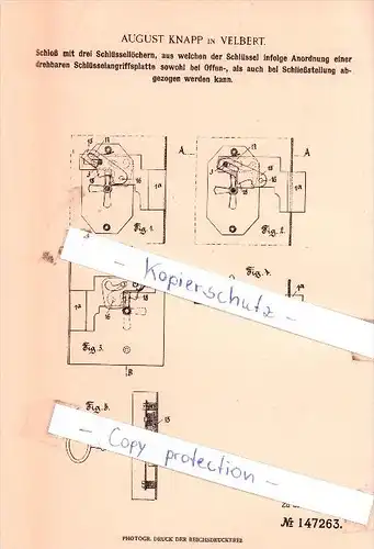Original Patent  - August Knapp in Velbert , 1902 , Schloß mit drei Schlüssellöchern !!!