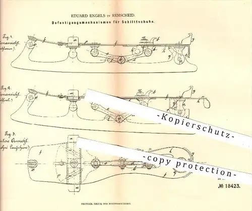 original Patent - Eduard Engels in Remscheid , 1881 , Befestigung am Schlittschuh , Schlittschuhe , Schuhe , Sport !!!