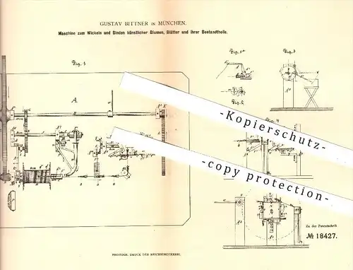 original Patent - Gustav Bittner in München , 1881 , Maschine zum Wickeln u. Binden künstlicher Blumen , Papier !