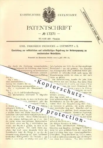 original Patent - Emil Friedrich Zschocke in Chemnitz , 1881 , Regulierung der Kettenspannung am Webstuhl , Weberei !!