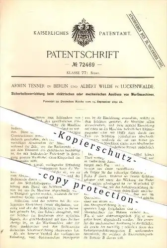 original Patent - A. Tenner - Berlin , A. Wilde - Luckenwalde , 1892 , Sicherung beim Auslösen von Wurfmaschinen , Sport