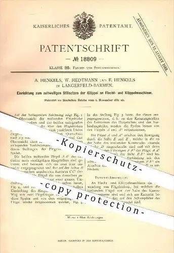 original Patent - A. Henkels , W. Hedtmann , E. Henkels , Langerfeld - Barmen , 1881 , Flecht- u. Klöppelmaschinen !!