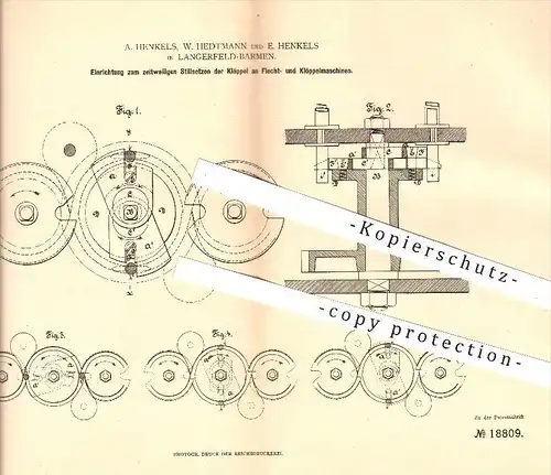 original Patent - A. Henkels , W. Hedtmann , E. Henkels , Langerfeld - Barmen , 1881 , Flecht- u. Klöppelmaschinen !!