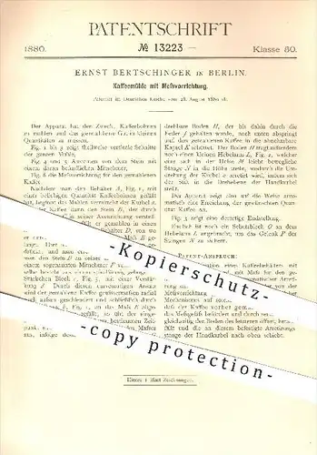 original Patent - Ernst Bertschinger in Berlin , 1880 , Kaffemühle mit Messvorrichtung , Kaffee , Mühle , Mühlen !!!