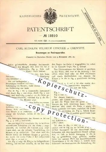 original Patent - Carl Rudolph Wilhelm Huschke , Chemnitz , 1881 , Rasierapparat , Rasierer , Rasieren , Schneidwerkzeug