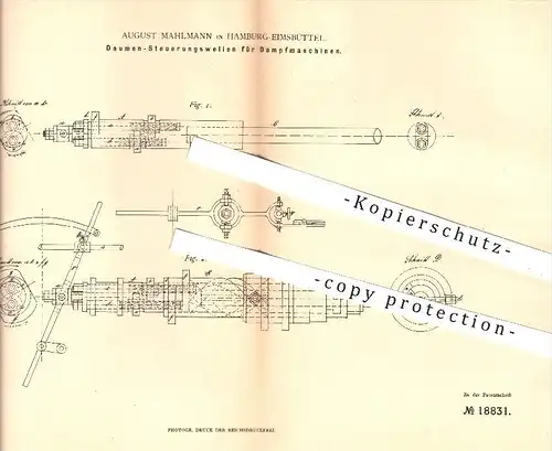 original Patent - August Mahlmann in Hamburg - Eimsbüttel , 1882 , Daumen - Steuerungswellen für Dampfmaschinen !!