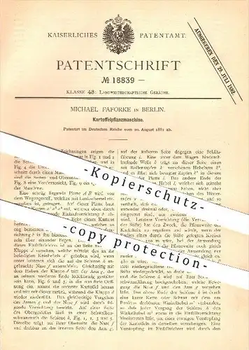 original Patent - Michael Faforke in Berlin , 1881 , Kartoffelpflanzmaschine , Kartoffeln , Landwirtschaft , Bauer !!!