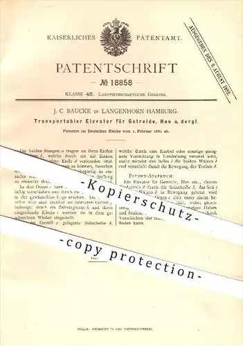original Patent - J. C. Baucke , Langenhorn - Hamburg , 1882 , Elevator für Getreide , Heu , Stroh , Landwirtschaft
