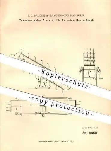 original Patent - J. C. Baucke , Langenhorn - Hamburg , 1882 , Elevator für Getreide , Heu , Stroh , Landwirtschaft