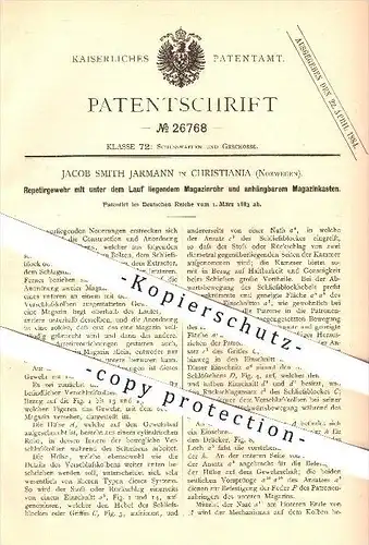original Patent - J. Smith Jarmann , Christiania , Norwegen , 1883 , Repetiergewehr mit Magazinrohr u. Magazinkasten !!!