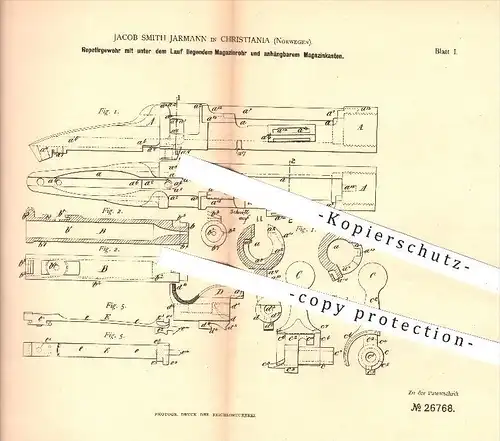 original Patent - J. Smith Jarmann , Christiania , Norwegen , 1883 , Repetiergewehr mit Magazinrohr u. Magazinkasten !!!