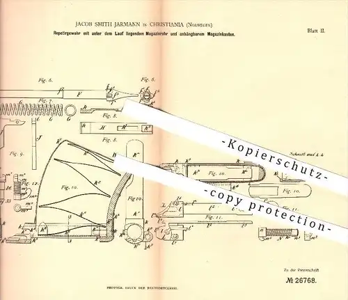 original Patent - J. Smith Jarmann , Christiania , Norwegen , 1883 , Repetiergewehr mit Magazinrohr u. Magazinkasten !!!