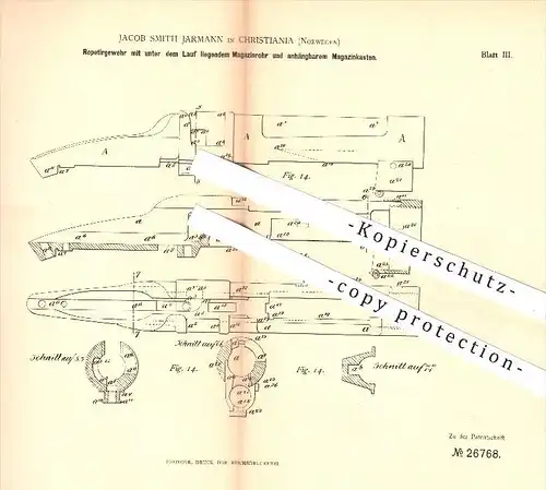 original Patent - J. Smith Jarmann , Christiania , Norwegen , 1883 , Repetiergewehr mit Magazinrohr u. Magazinkasten !!!