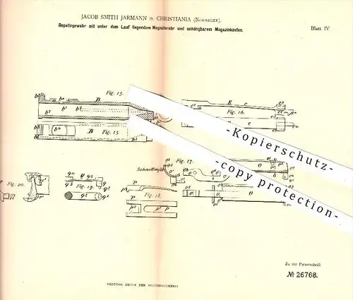 original Patent - J. Smith Jarmann , Christiania , Norwegen , 1883 , Repetiergewehr mit Magazinrohr u. Magazinkasten !!!