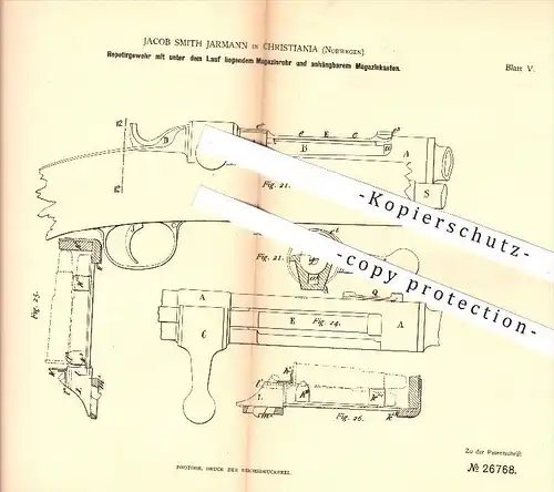 original Patent - J. Smith Jarmann , Christiania , Norwegen , 1883 , Repetiergewehr mit Magazinrohr u. Magazinkasten !!!