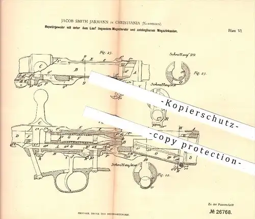 original Patent - J. Smith Jarmann , Christiania , Norwegen , 1883 , Repetiergewehr mit Magazinrohr u. Magazinkasten !!!