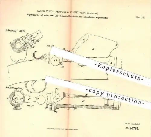 original Patent - J. Smith Jarmann , Christiania , Norwegen , 1883 , Repetiergewehr mit Magazinrohr u. Magazinkasten !!!