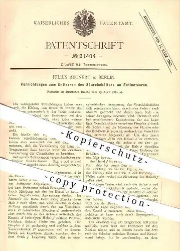 original Patent - Julius Reunert in Berlin , 1882 , Entleeren des Säurebehälters an Extincteuren , Säure , Chemikalien !