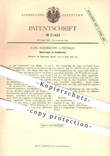 original Patent - Carl Schürmann in Krefeld , 1882 , Kochherd , Herd , Herde , Kochen , Heizung , Ofen , Öfen !!!