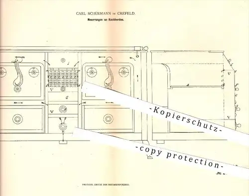 original Patent - Carl Schürmann in Krefeld , 1882 , Kochherd , Herd , Herde , Kochen , Heizung , Ofen , Öfen !!!