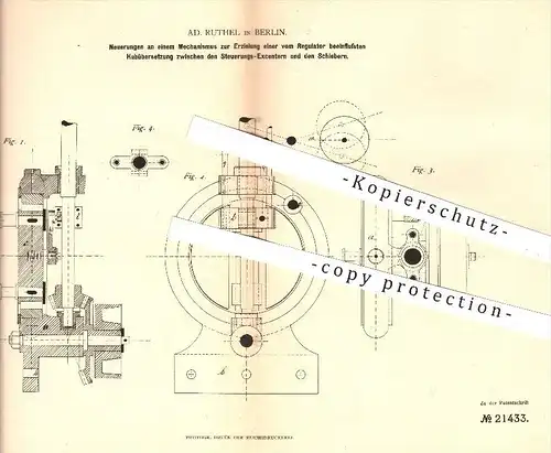 original Patent - Ad. Ruthel , Berlin , 1882 , Vom Regulator beeinflusste Hubübersetzung an Dampfmaschinen , Schieber !!