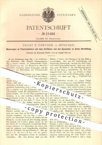 original Patent - Franz X. Fortner in München , 1882 , Feueranzünder und deren Herstellung , Anzünder , Brennstoffe !!!