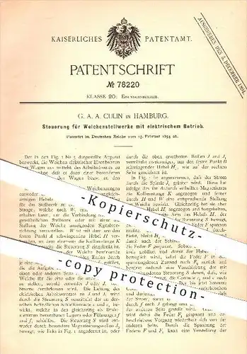 original Patent - G. A. A. Culin , Hamburg , 1894 , Steuerung für Weichenstellwerke mit elektrischem Betrieb , Eisenbahn
