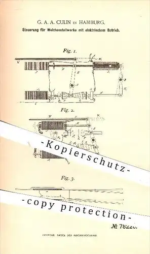 original Patent - G. A. A. Culin , Hamburg , 1894 , Steuerung für Weichenstellwerke mit elektrischem Betrieb , Eisenbahn