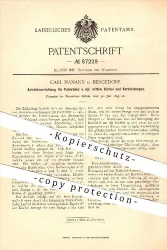 original Patent - Carl Hamann in Bergedorf , 1895 , Antrieb für Fahrräder mittels Kurbel u. Kurbelstangen , Fahrrad !!!