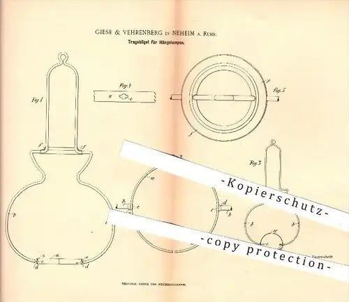 original Patent - Giese & Vehrenberg , Neheim , 1895 , Tragebügel für Hängelampen , Lampe , Lampen , Beleuchtung , Licht