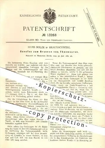 original Patent - Hans Bolze in Braunschweig , 1880 , Gasofen zum Brennen von Tonwaren , Ofen , Öfen , Ofenbauer !!!