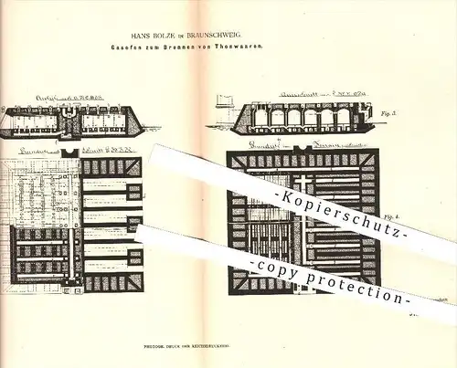 original Patent - Hans Bolze in Braunschweig , 1880 , Gasofen zum Brennen von Tonwaren , Ofen , Öfen , Ofenbauer !!!