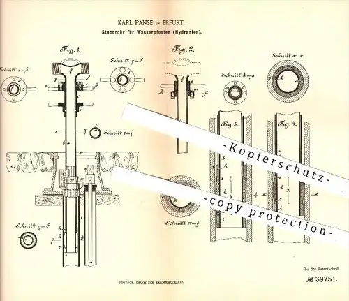 original Patent - Karl Panse in Erfurt , 1886 , Standrohr für Hydranten , Hydrant , Wasserleitung , Wasserpfosten , Rohr