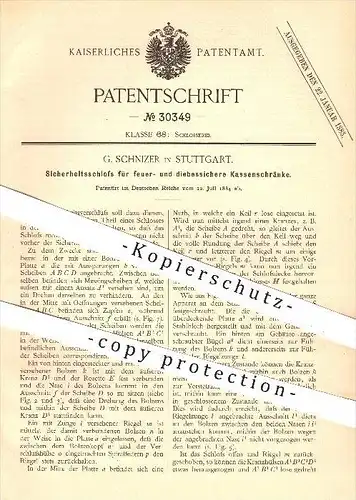original Patent - G. Schnizer , Stuttgart , 1884 , Sicherheitsschloss für Kassenschränke , Tresor , Safe , Schloss !!!