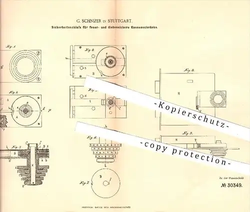 original Patent - G. Schnizer , Stuttgart , 1884 , Sicherheitsschloss für Kassenschränke , Tresor , Safe , Schloss !!!