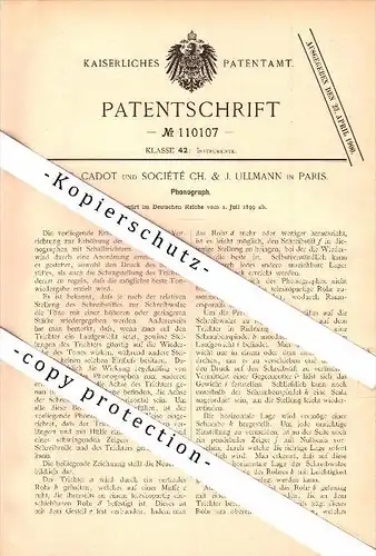 Original Patent -A. Cadot und J. Ullmann in Paris , 1899 , Phonograph / Grammophon , phonographe !!!